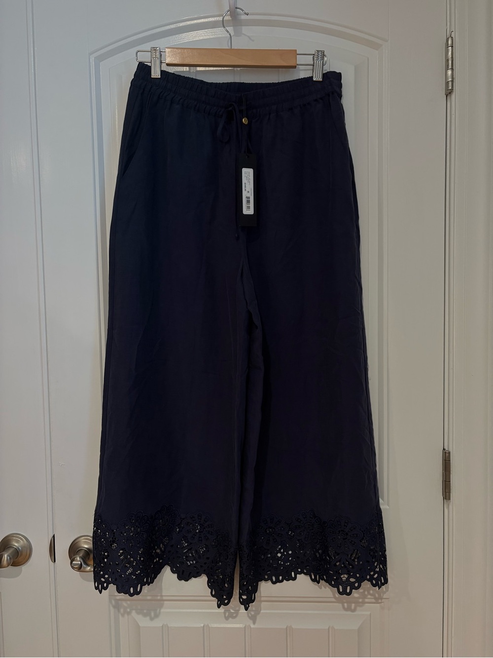 Kobi Halperin Navy Wide Leg Cropped Lace Hem Pants NWT